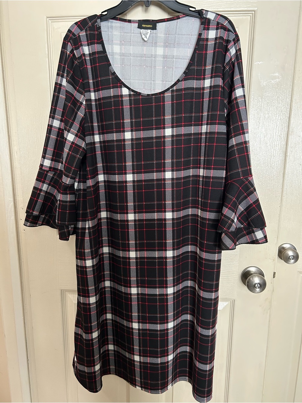 Espresso Black Plaid Midi Dress with Red Accents